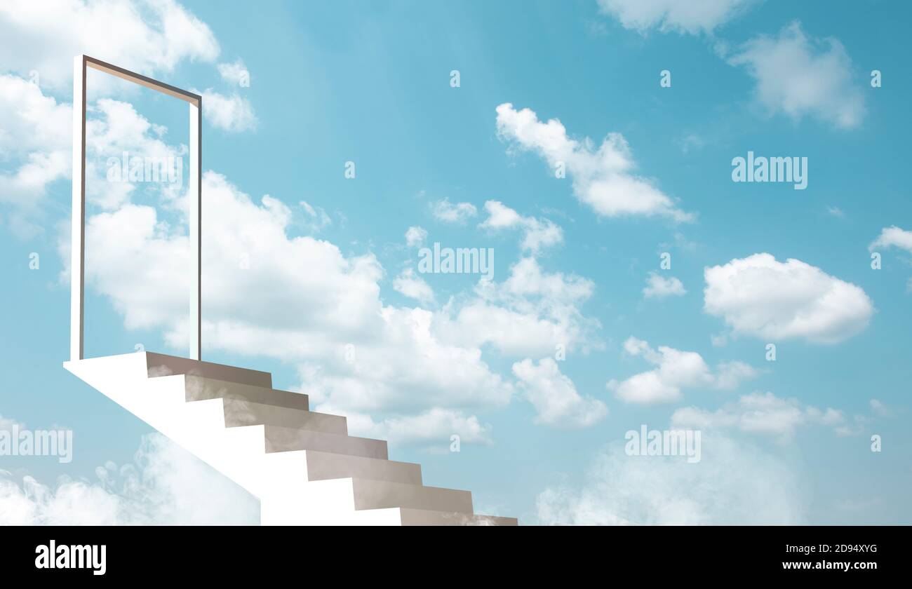 Escalier blanc dans le ciel bleu. Illustration. Banque D'Images