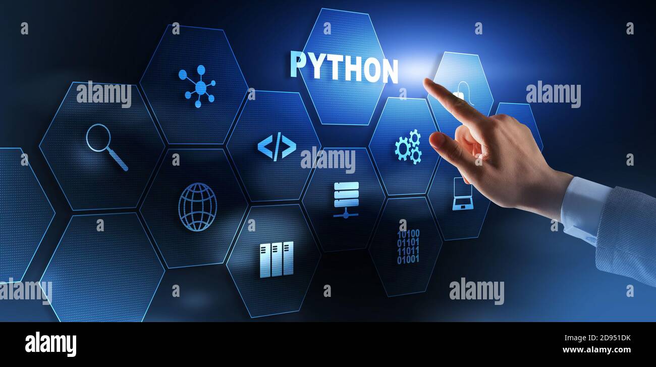 Langage de programmation Python. Concept d'algorithme abstrait de workflow de programmation sur écran virtuel. Banque D'Images