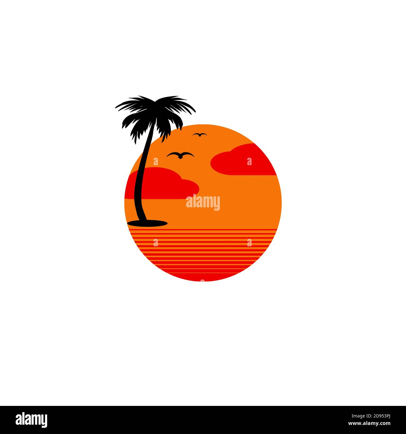 Coucher de soleil et paysage et vacances d'été île logo de plage. Illustration de Vecteur