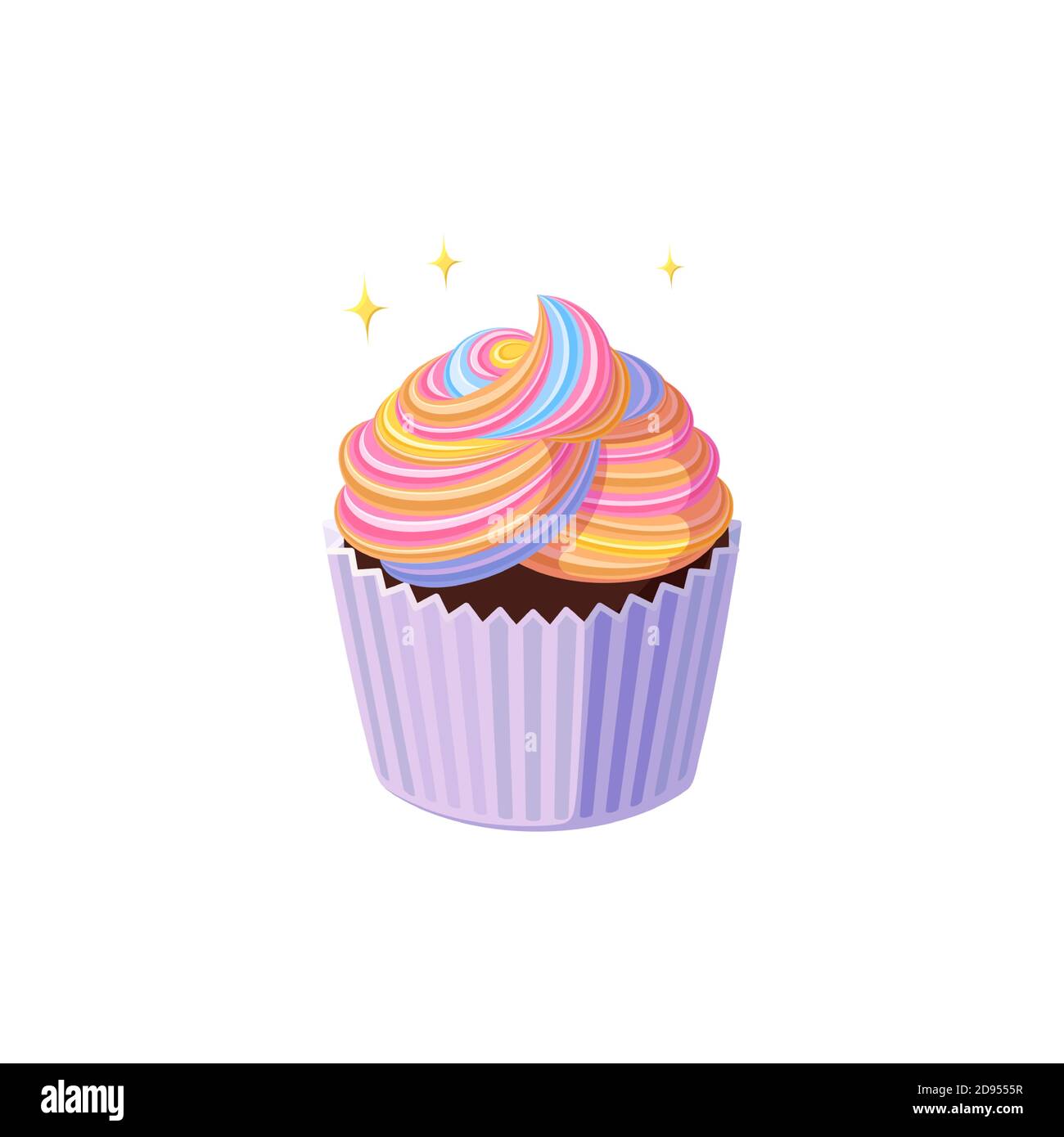 Gâteau arc-en-ciel avec glaçage brillant coloré. Tasse à crème tournoyée. Dessert savoureux avec glaçage arc-en-ciel pastel. Illustration vectorielle dans un joli style de dessin animé Illustration de Vecteur