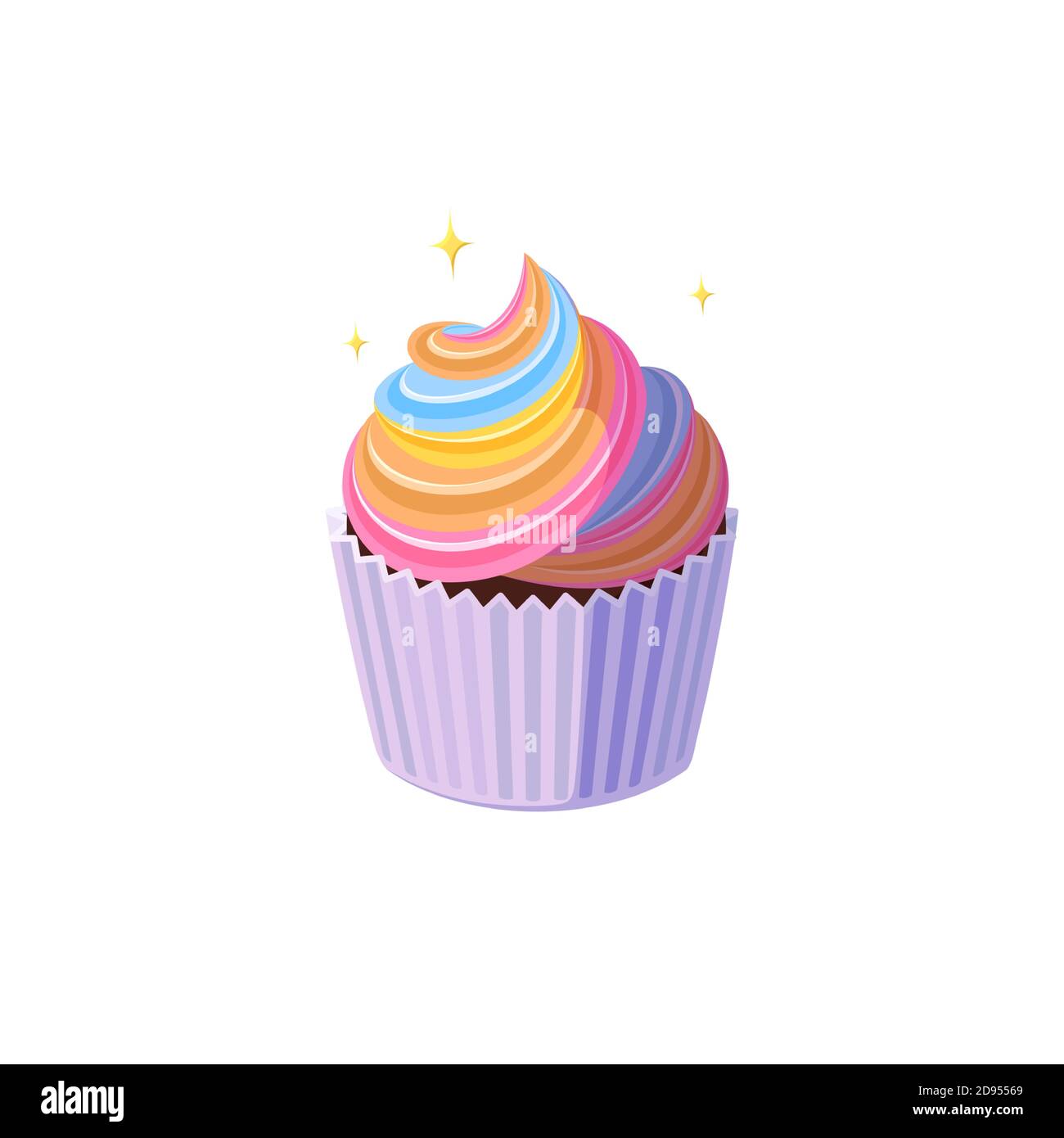 Gâteau arc-en-ciel avec glaçage coloré. Gâteau fée brillant dans une tasse en papier. Dessert savoureux avec glaçage de couleur arc-en-ciel. Illustration vectorielle dans un joli dessin animé Illustration de Vecteur