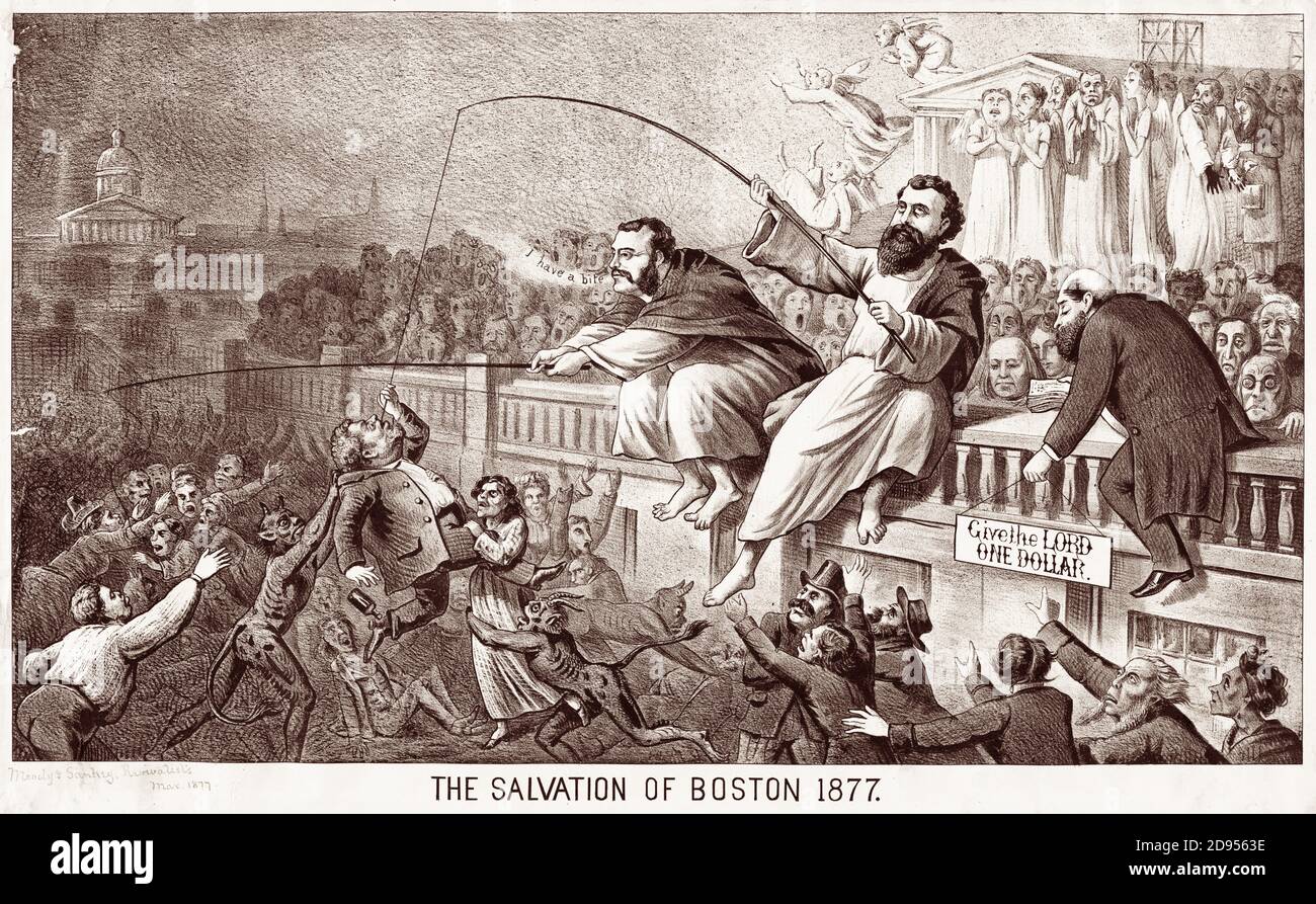 Caricature politique qui se moque des évangélistes américains D.L. Moody et ira Sankey à Boston en mars 1877. Banque D'Images