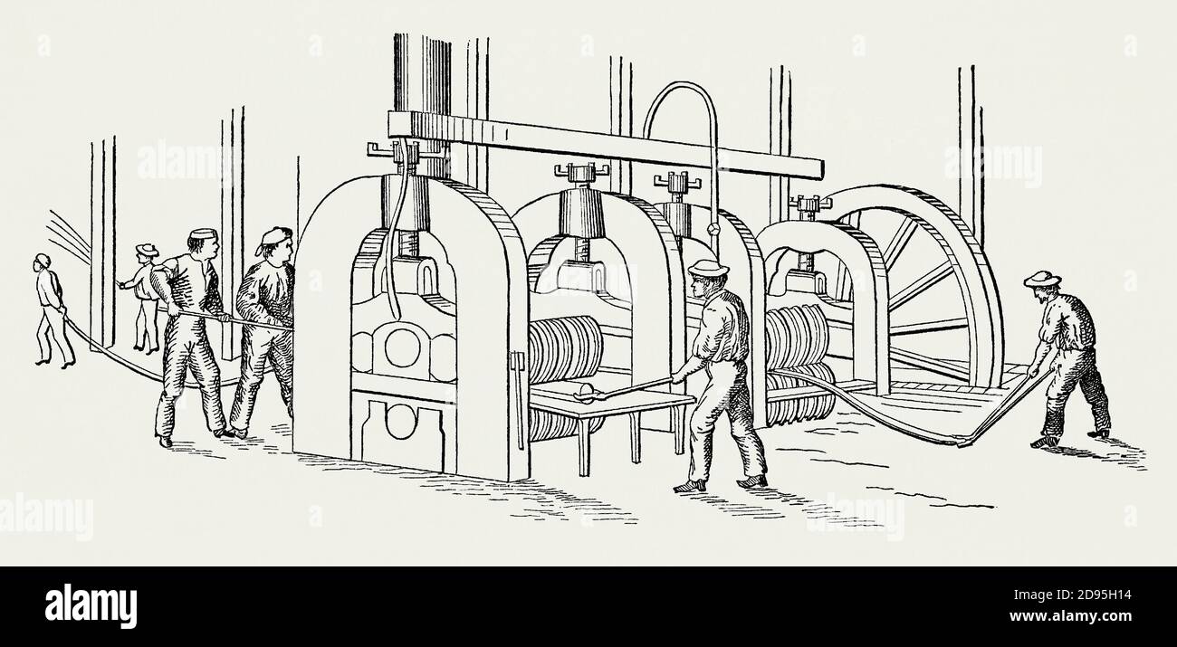 Une ancienne gravure montrant des ouvriers qui dessèchent le métal chaud en longues barres dans un laminoir ou une «chaîne à billes» dans une aciérie ou une fonderie dans les années 1800. Il est issu d'un livre victorien d'ingénierie mécanique des années 1880. Un fer à repasser ou une aciérie est une usine industrielle où le fer est fondu et où sont fabriqués des produits lourds en fer et en acier. Dans les années 1800, une ironneries intégrée comprenait habituellement des hauts fourneaux et un certain nombre de fours de flaques ou une fonderie avec ou sans autres types d'ironneries. Banque D'Images