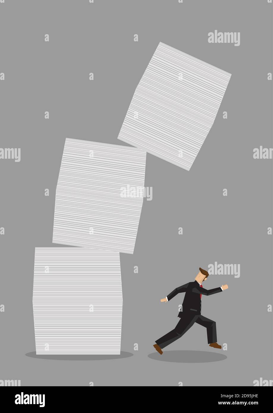 La profession professionnelle s'éloigne de la pile de documents de travail. Illustration vectorielle de dessin animé créative sur métaphore d'entreprise isolée sur fond gris Illustration de Vecteur