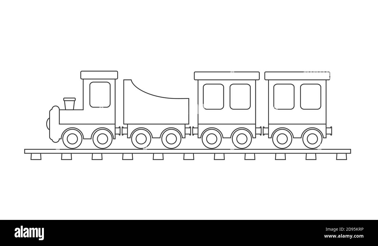 Dessin de contour d'un train pour enfants avec des voitures pour colorier des livres, scrapbooking. Conception plate. Illustration de Vecteur