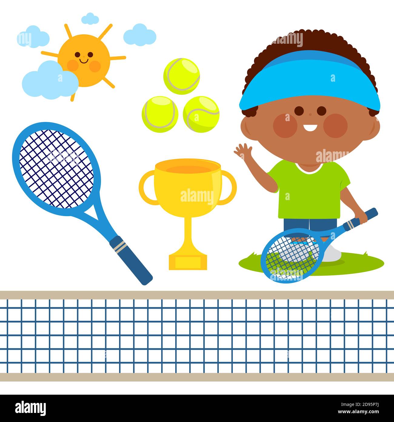 Collection d'illustrations d'un joueur de tennis pour garçon, filet de tennis, raquette et balle de tennis. Banque D'Images