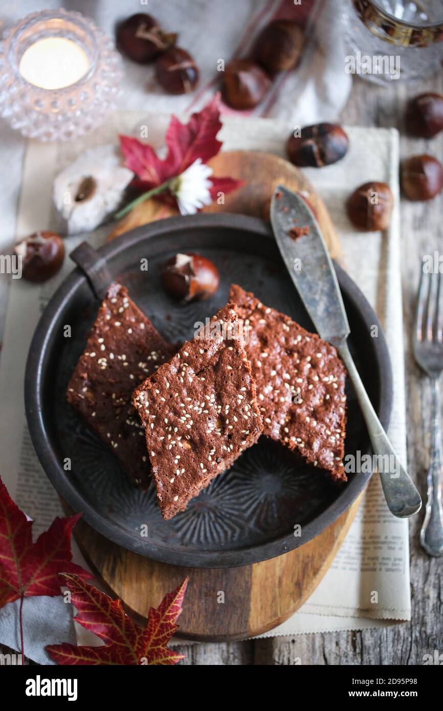 Châtaignier, brownie au cacao Banque D'Images