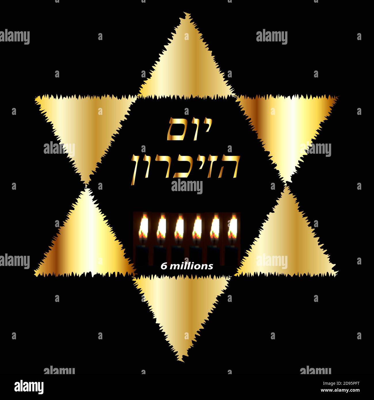 Journée internationale de commémoration de l'Holocauste, le 27 janvier. L'étoile juive d'or. Six bougies allumées pour 6 millions de morts. Inscription or en Yom hébreu Illustration de Vecteur