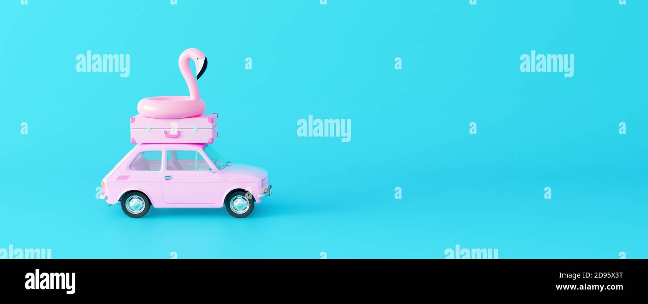 Voiture rose avec bagages et flamant sur fond bleu pastel. Idée de concept été minimaliste créatif 3D Render 3D illustration Banque D'Images