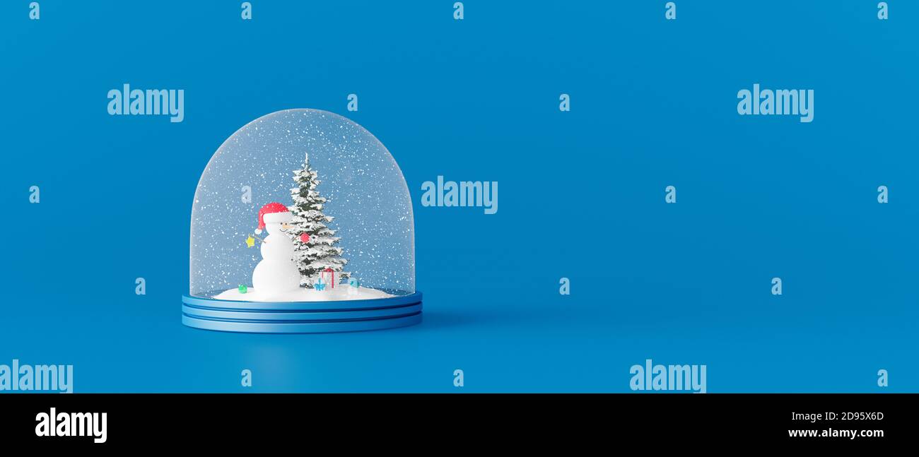 Dôme en verre décoratif d'hiver magique avec sapin de Noël et bonhomme de neige. Winter Holidays concept sur fond bleu rendu 3d illustration 3d Banque D'Images