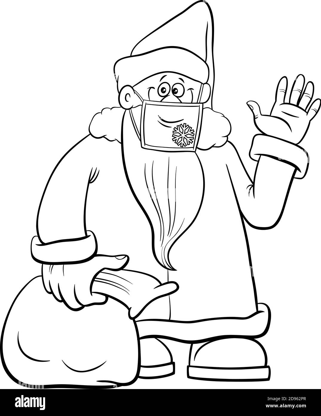 Illustration en noir et blanc du personnage du Père Noël dans Masque de visage sur la page de livre de coloriage de Noël Illustration de Vecteur