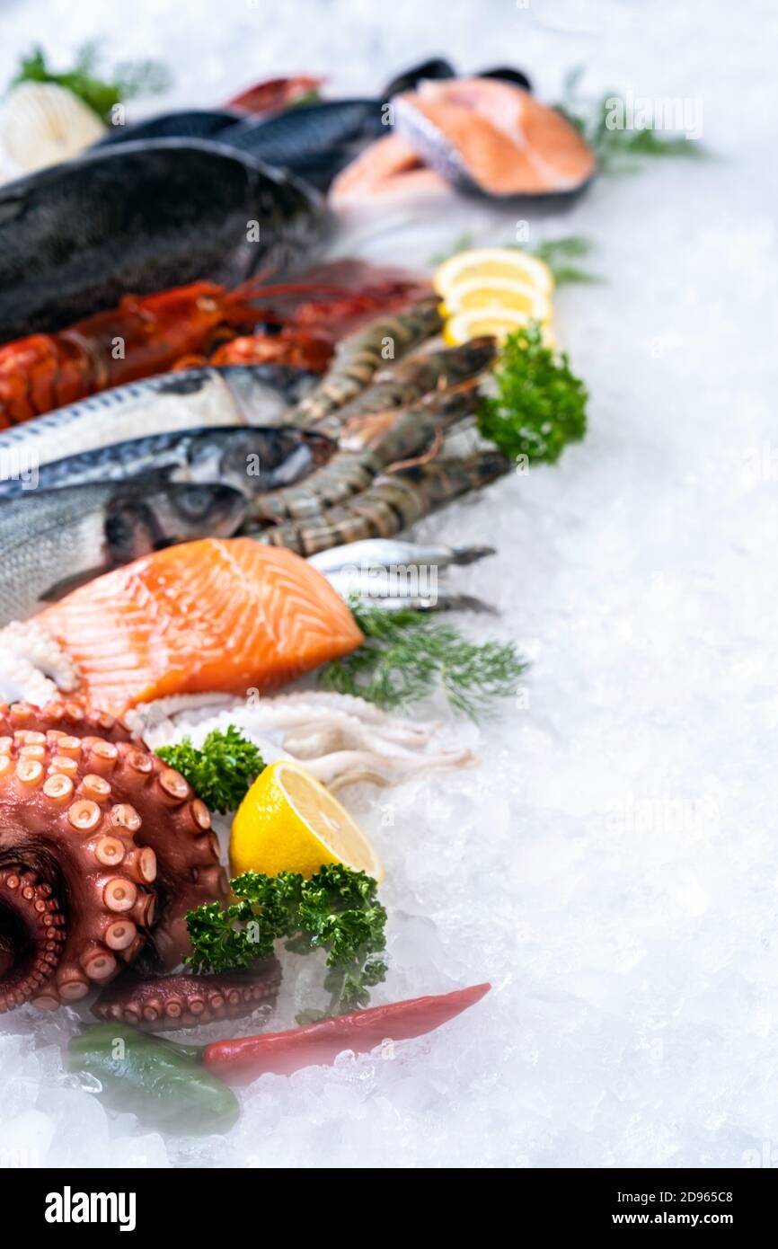 Vue latérale de la variété de fruits de mer frais de luxe, saumon du homard maquereau écrevisse crevette pieuvre et pétoncle, sur fond de glace avec fumée glacée Banque D'Images