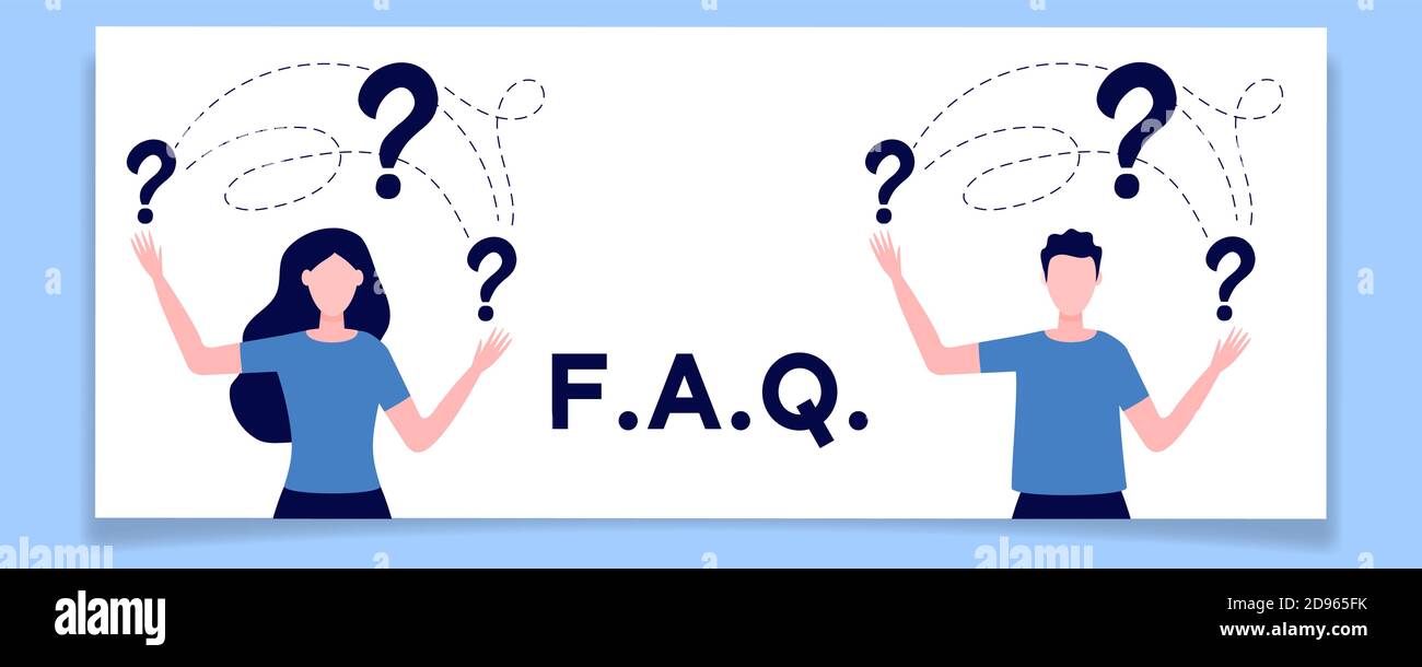 Concept d'enquête, Foire aux questions, recherche d'aide, aide, réflexion. Les caractères féminin et masculin sont entourés de points d'interrogation. Hommes et Illustration de Vecteur