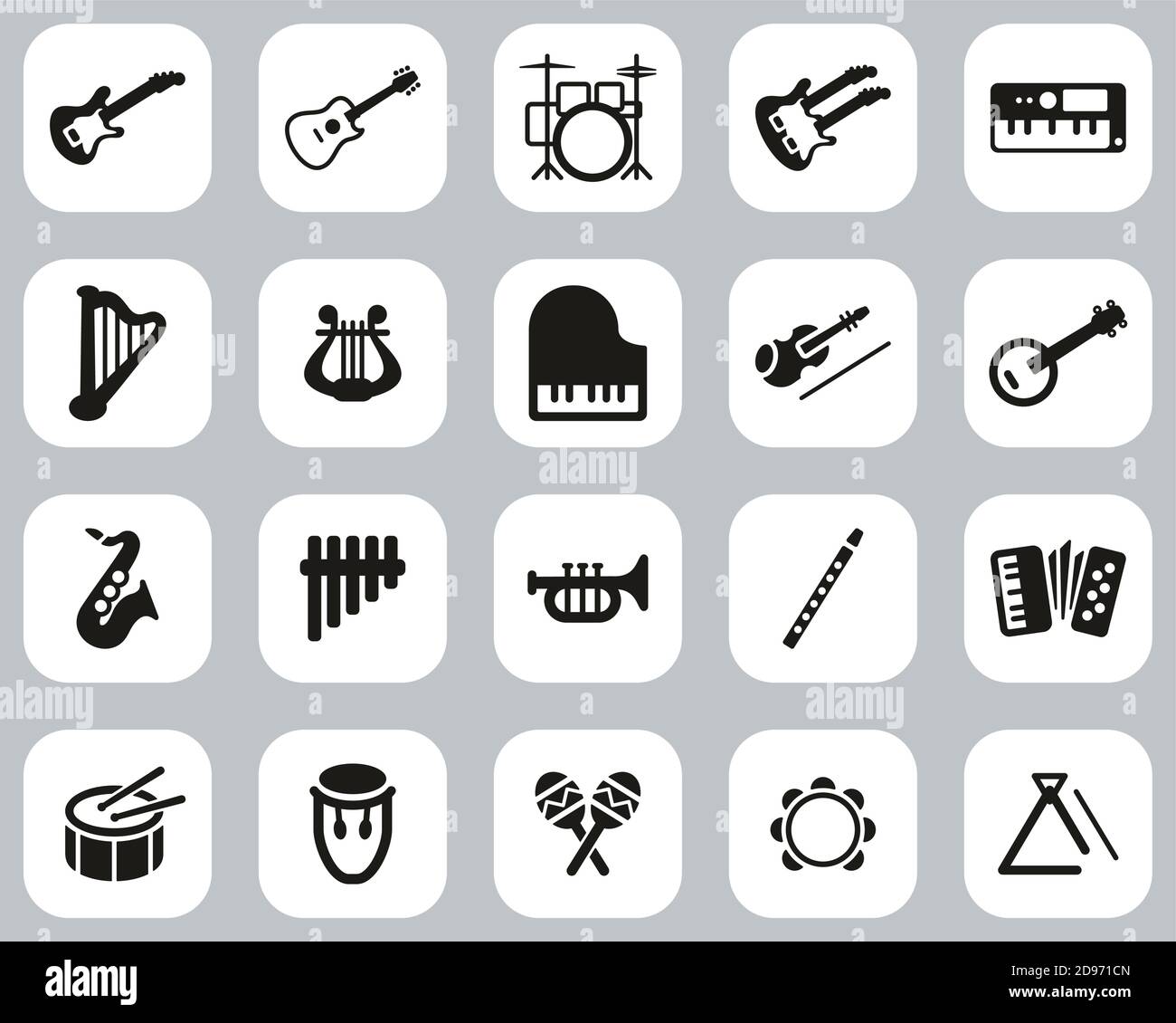 Instruments de musique icônes Noir et blanc ensemble de design plat grand Illustration de Vecteur
