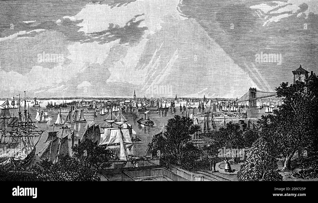 Vue de la fin du XIXe siècle depuis Brooklyn Heights of New York City (NYC) aux États-Unis. Située sur l'un des plus grands ports naturels du monde, la ville de New York est composée de cinq bourgs, chacun étant un comté de l'État de New York. Les cinq quartiers — Brooklyn, Queens, Manhattan, le Bronx et Staten Island — ont été regroupés en une seule ville en 1898 Banque D'Images