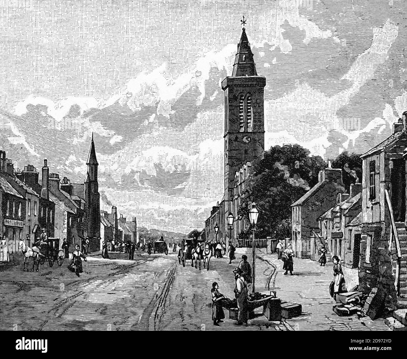 Vue de la fin du XIXe siècle sur Market Street et l'église de la Sainte-Trinité, St Andrews, une ville sur la côte est de Fife en Écosse Banque D'Images