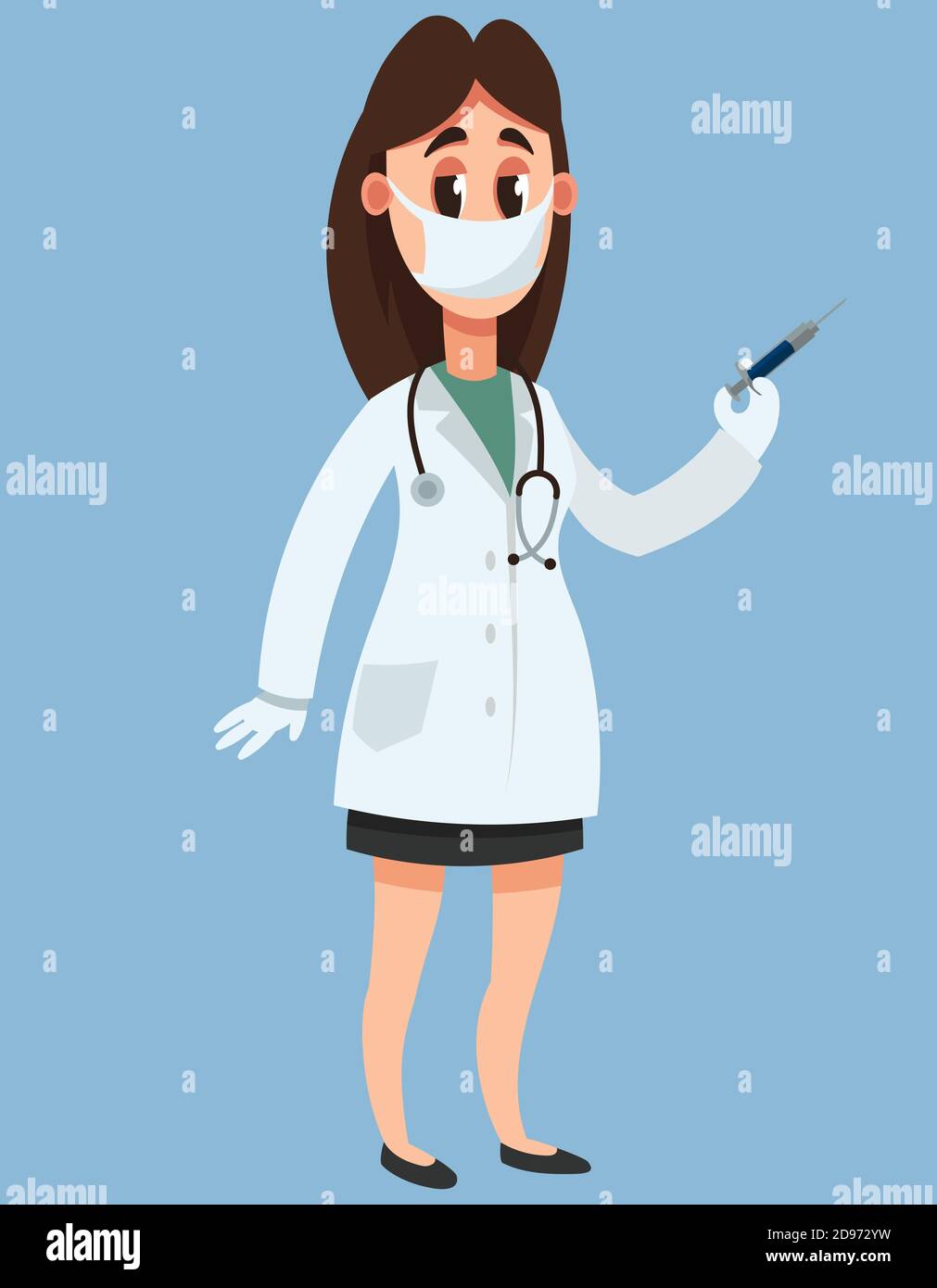 Femme médecin tenant la seringue. Caractère souriant dans un style de dessin animé. Illustration de Vecteur
