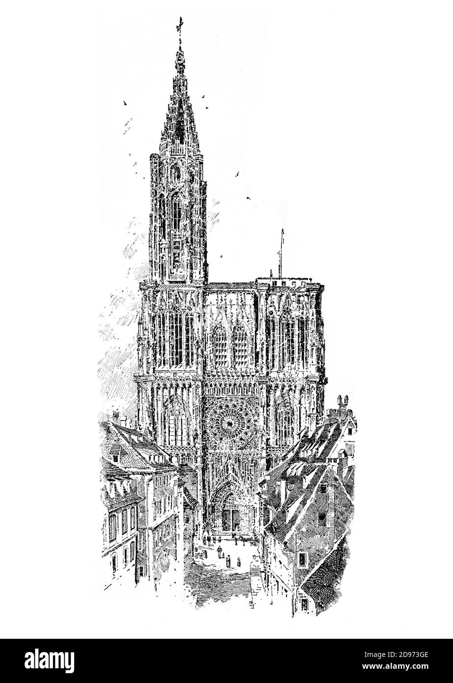 Vue de la fin du XIXe siècle sur la cathédrale de Strasbourg ou la cathédrale notre-Dame de Strasbourg, une cathédrale catholique de Strasbourg, Alsace, France. Bien que des parties considérables en soient encore dans l'architecture romane, il est largement considéré comme l'un des plus beaux exemples de l'architecture gothique de Rayonnant. Erwin von Steinbach est crédité pour les contributions majeures de 1277 à sa mort en 1318. Banque D'Images