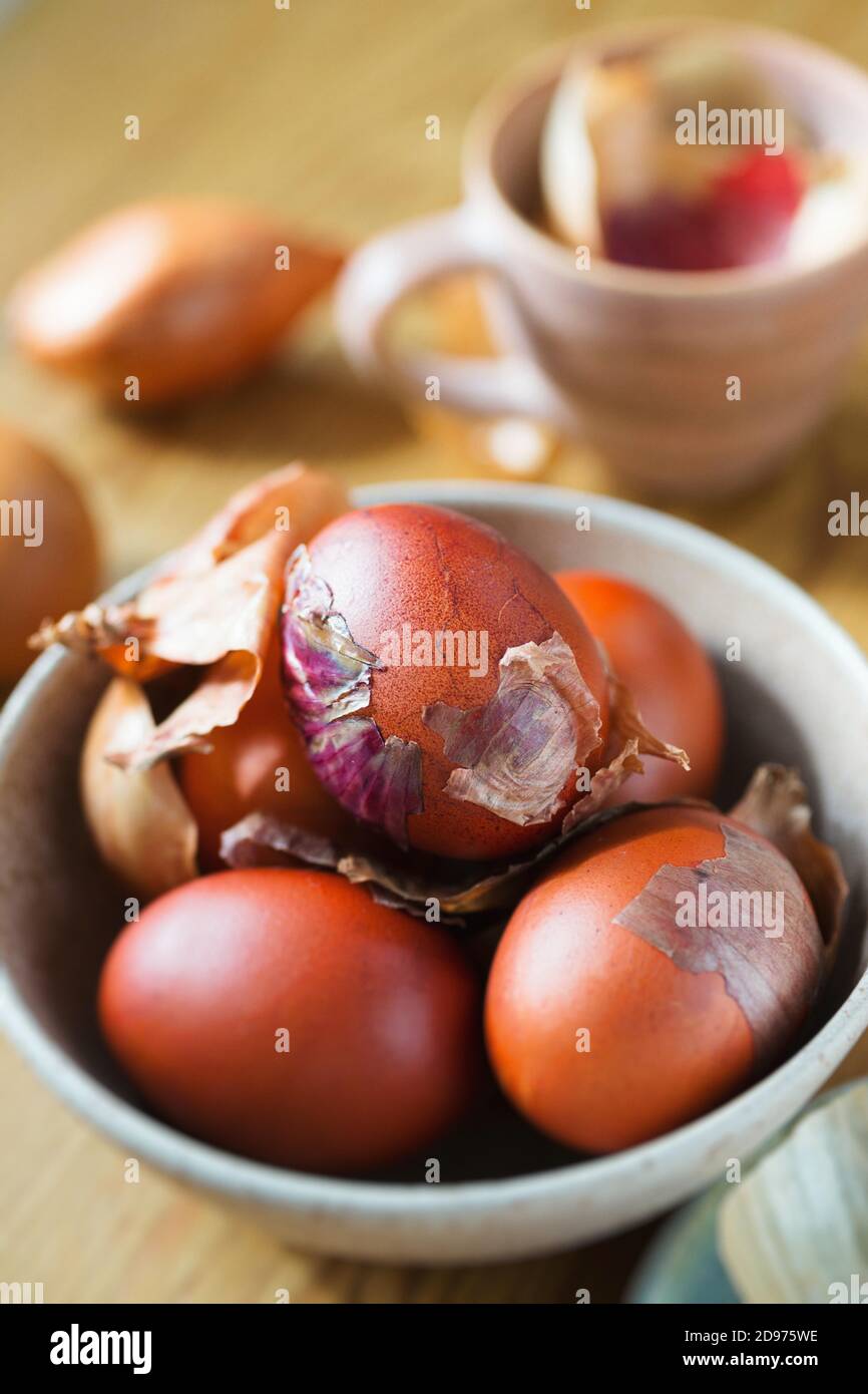 Oeuf de Pâques coloré avec colorant naturel - pelures d'oignon. Tradition polonaise de Pâques Banque D'Images