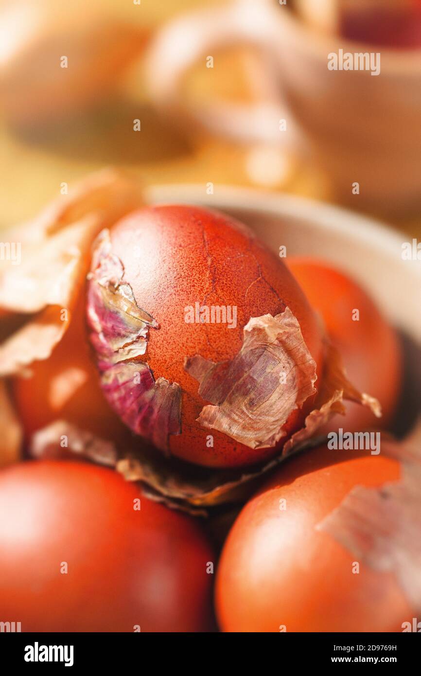 Oeuf de Pâques coloré avec colorant naturel - pelures d'oignon. Tradition polonaise de Pâques Banque D'Images