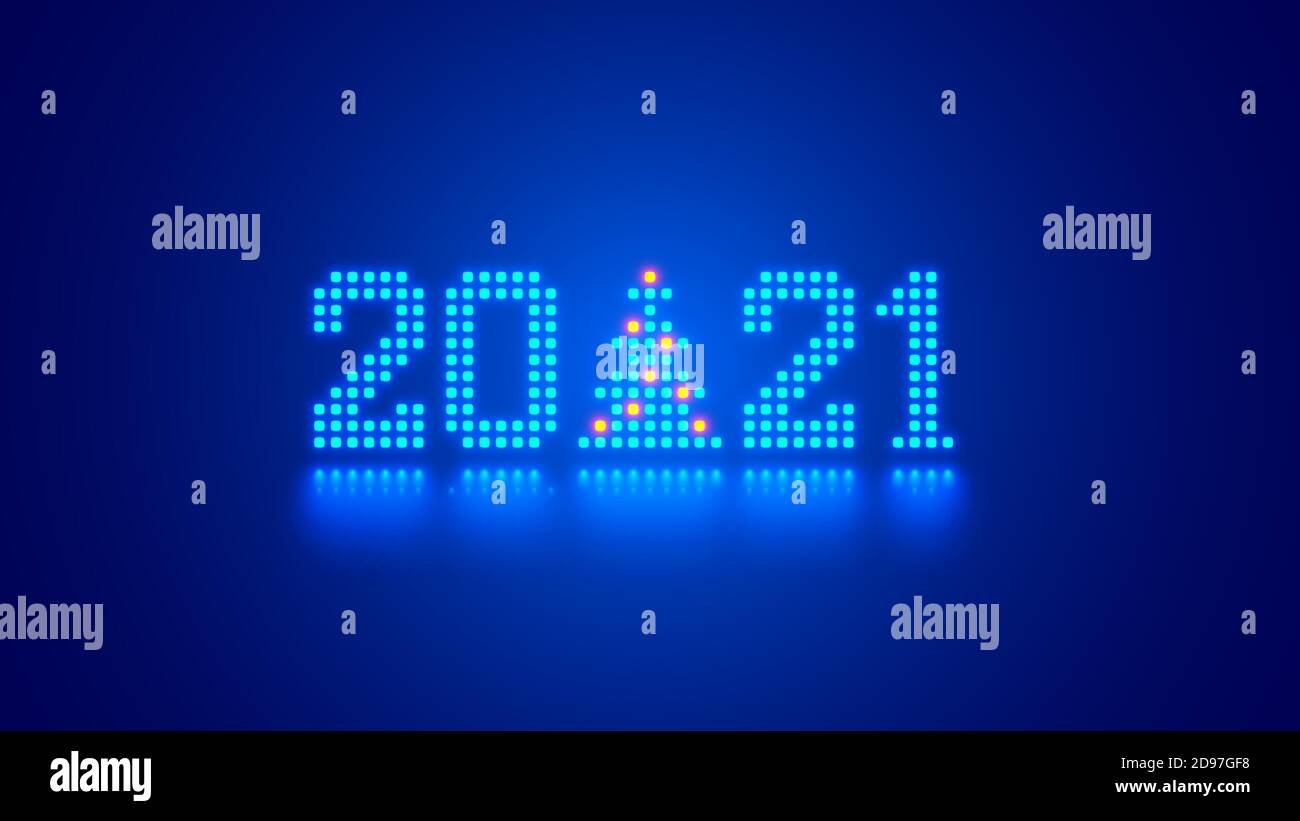 Chiffres du nouvel an 2021 et arbre de Noël de style technologique. 20 21 se composent de points de néon ou de pixels sur fond bleu. 2021 carte du nouvel an numérique Illustration de Vecteur
