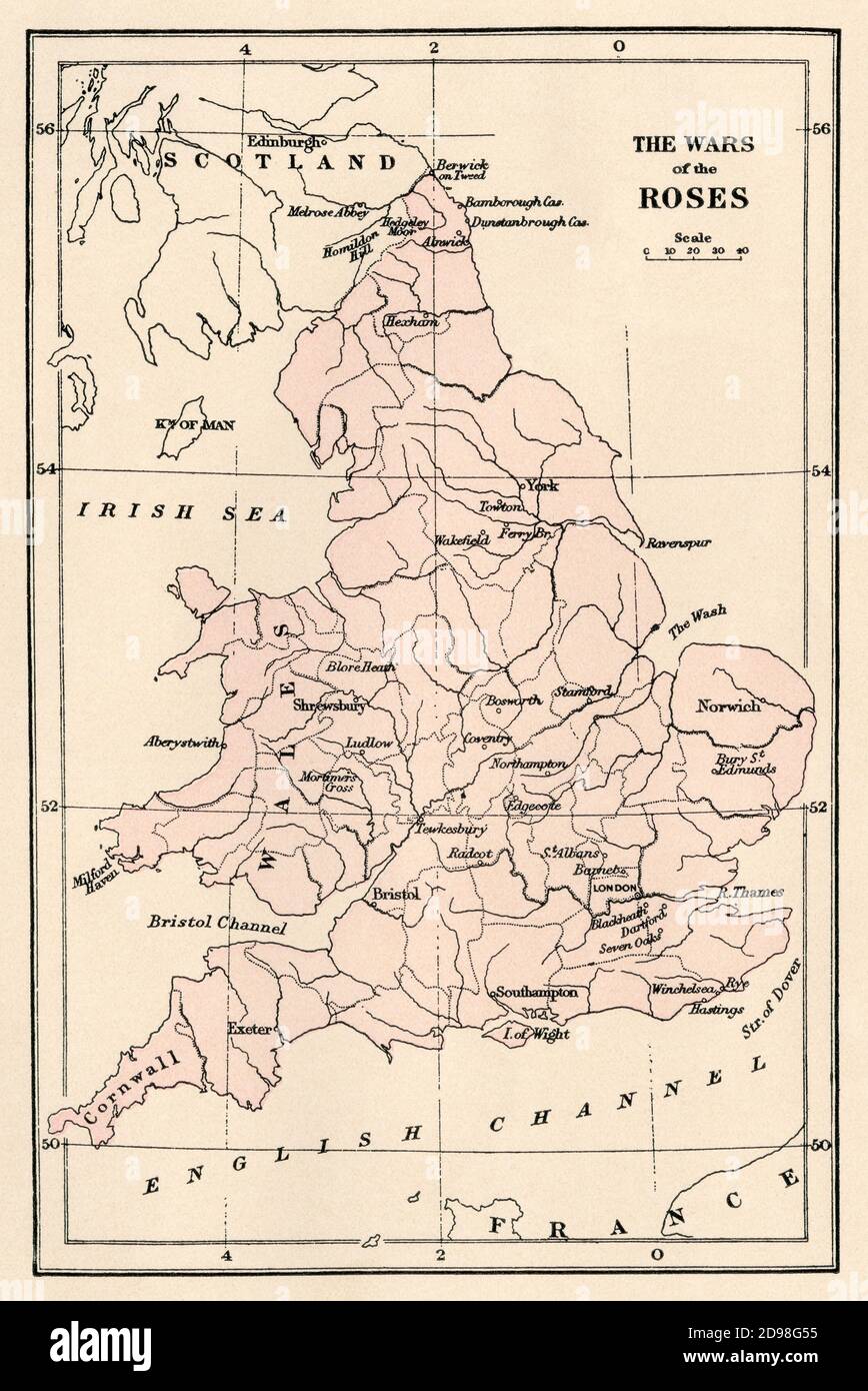 Carte des sites de guerres des Roses, Grande-Bretagne médiévale. Lithographie de couleur Banque D'Images