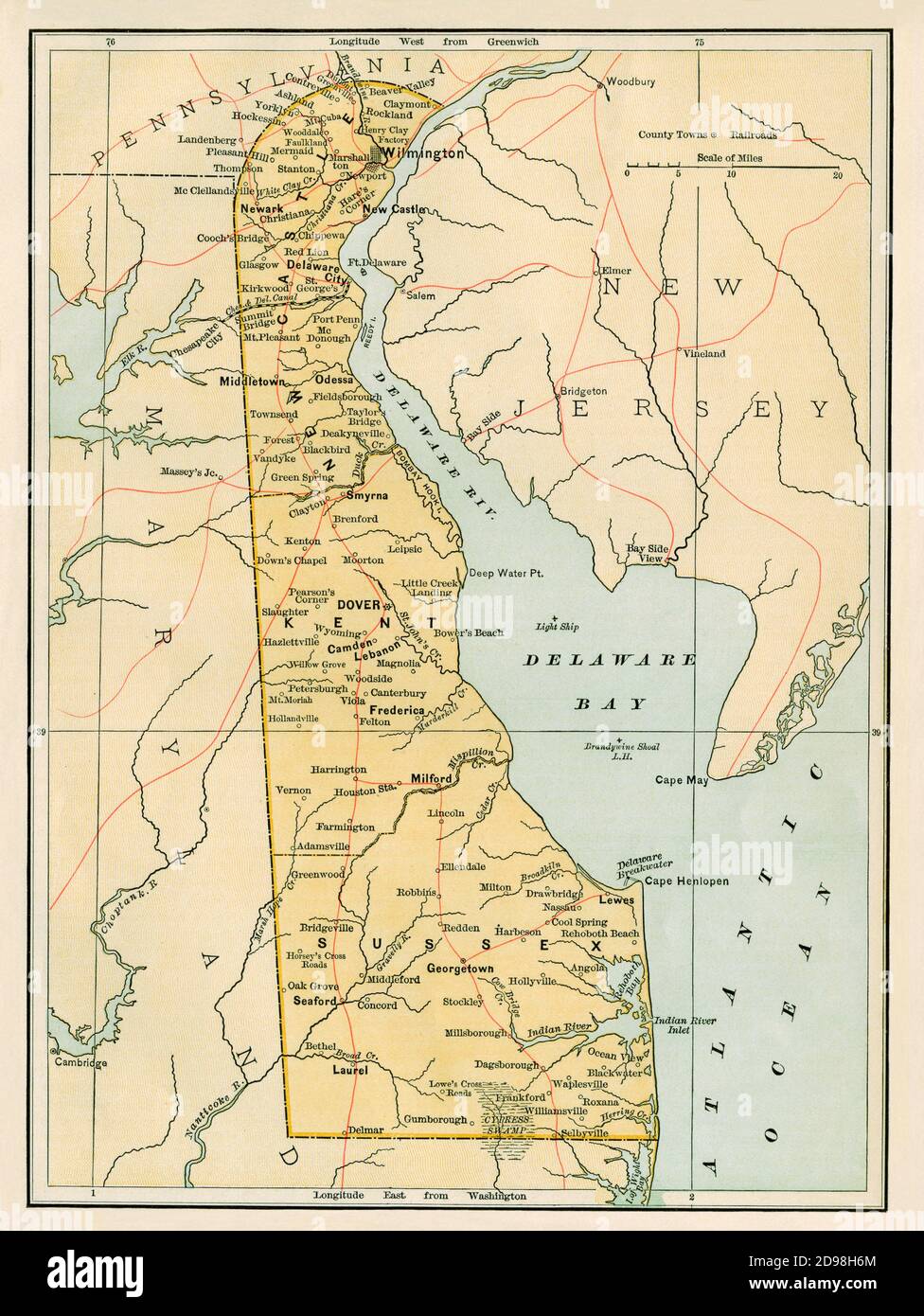 Carte du Delaware, 1870s. Lithographie de couleur Banque D'Images
