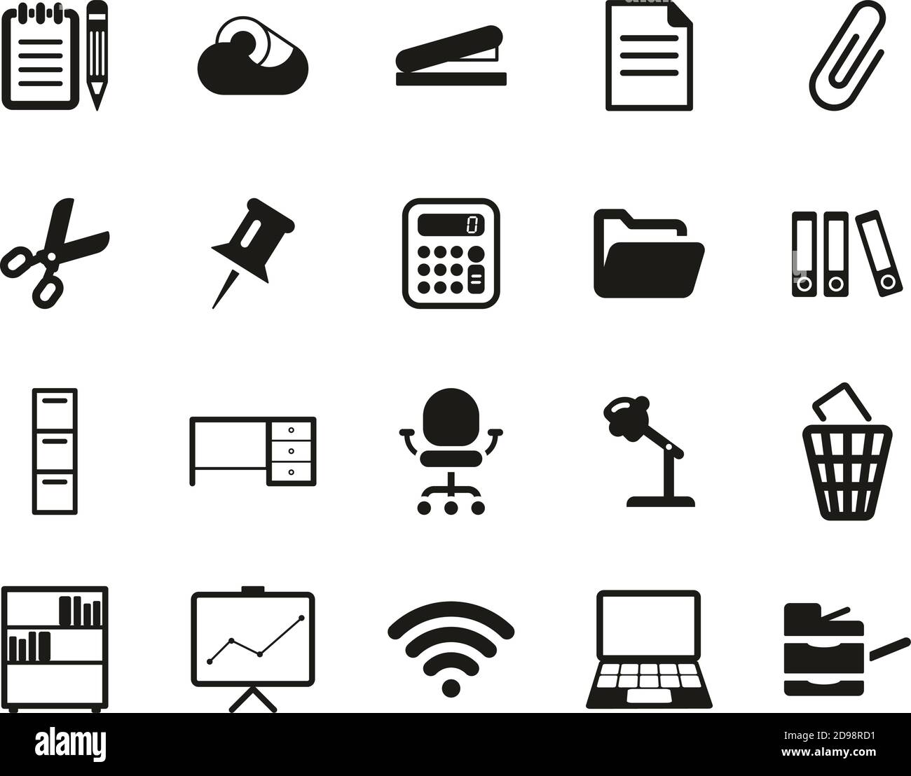 Fournitures de bureau icônes ensemble noir et blanc grand Illustration de Vecteur