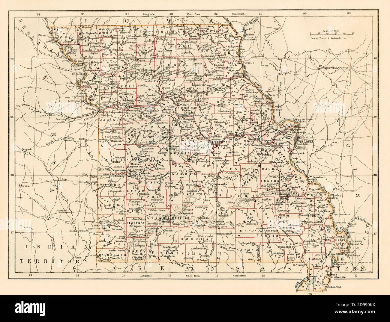 Carte du Missouri, années 1870. Lithographie de couleur Banque D'Images