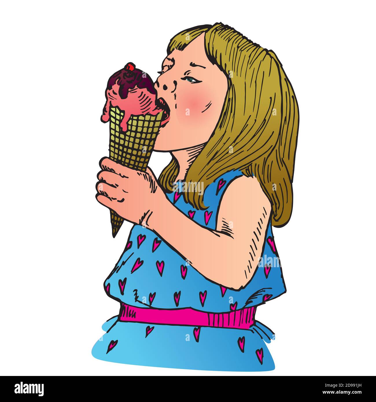 Belle petite fille blonde qui mange de la crème glacée dans une tasse de gaufres, un Doodle dessiné à la main, un croquis de style pop art, illustration de couleur Banque D'Images