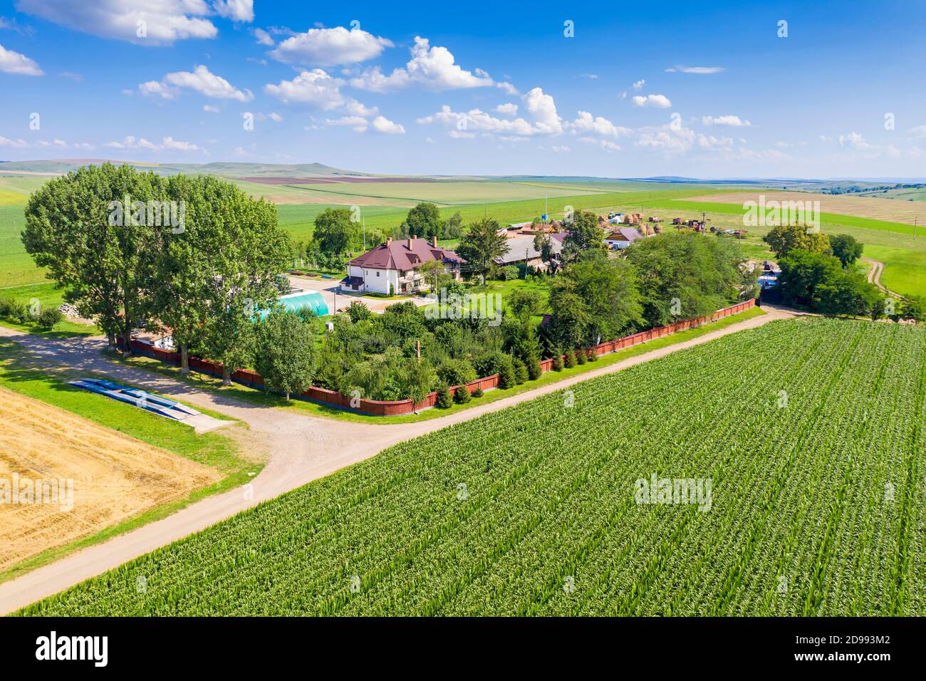 Vue aérienne des bâtiments et des champs de la ferme en été Banque D'Images