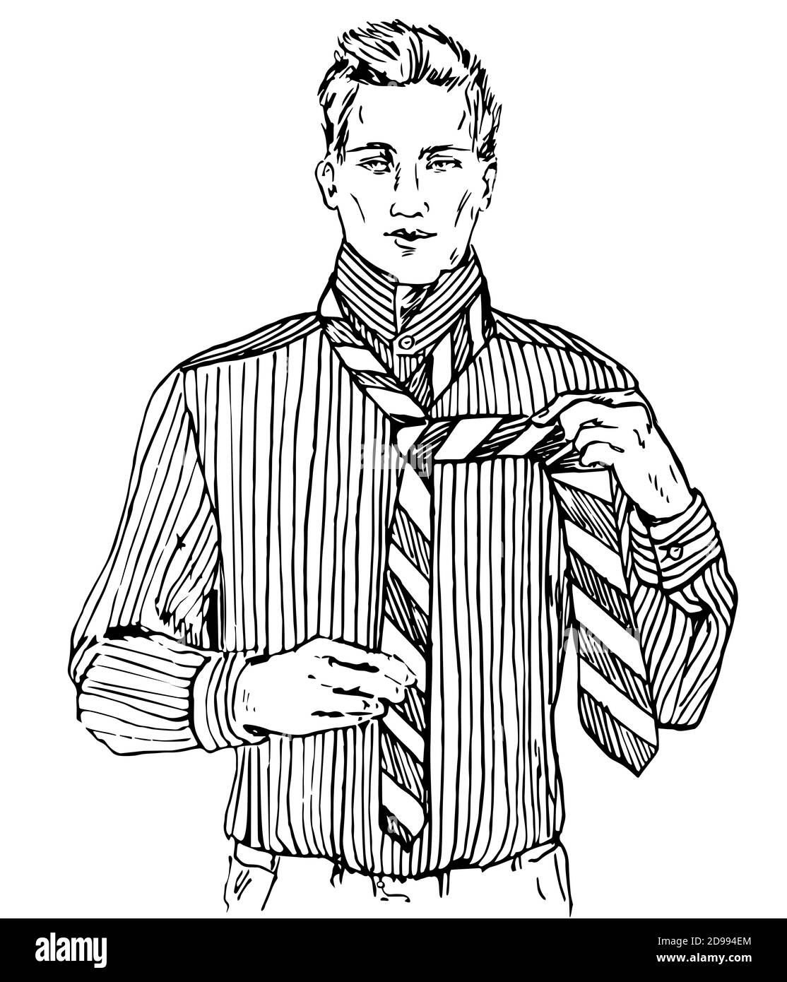 Jeune homme en chemise rayée cravate une cravate, Doodle dessiné à la main,  dessin noir et blanc illustration Photo Stock - Alamy