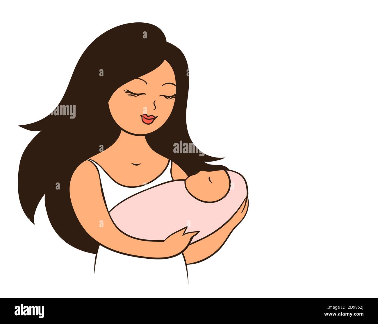 Jeune mère avec un bébé dans ses bras. La femme a un sourire heureux sur son visage. Placer pour le texte. Illustration de dessin animé vectoriel isolée sur fond blanc Illustration de Vecteur