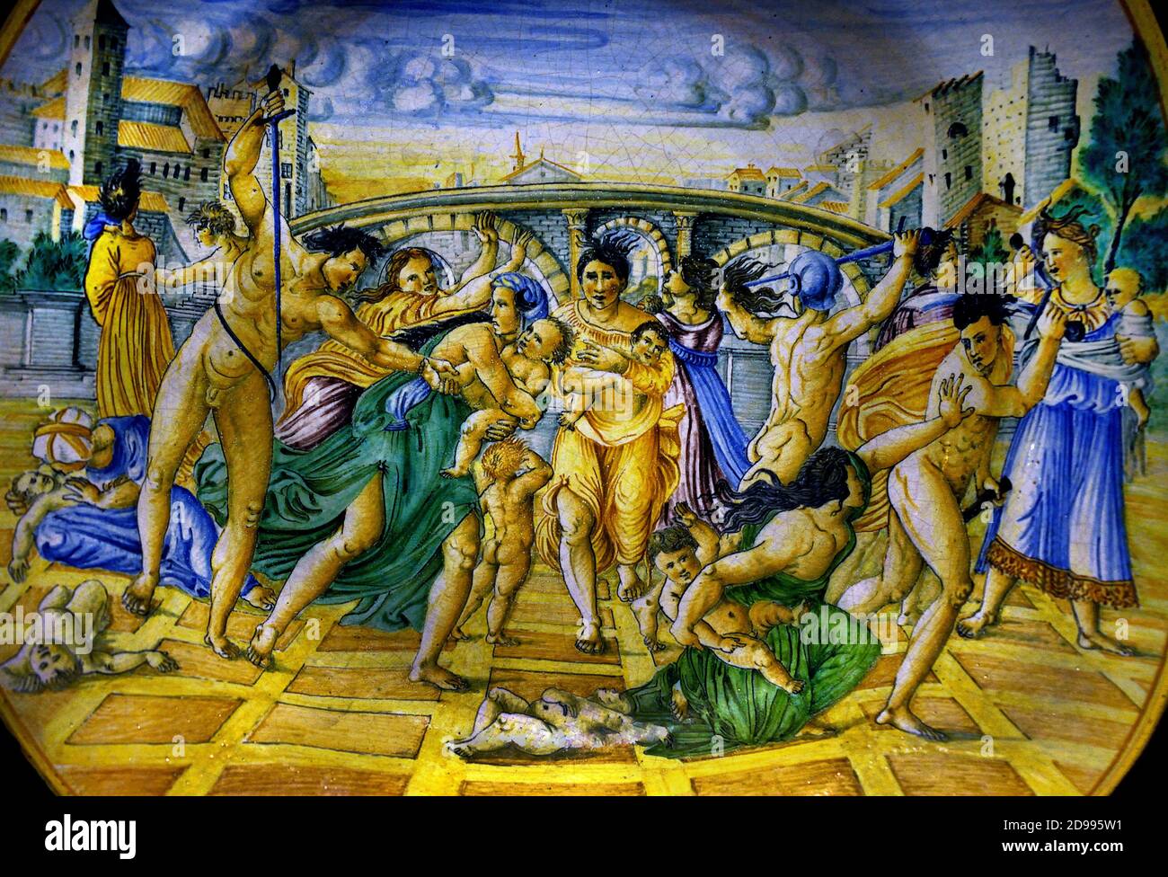 Plaque avec la scène du massacre des innocents Nouveau testament basé sur un timbre gravé en 1510 Marcantonio Raimondi sur un dessin de Rafael Sanzio Urbino XVIe siècle Italie, italienne. Banque D'Images