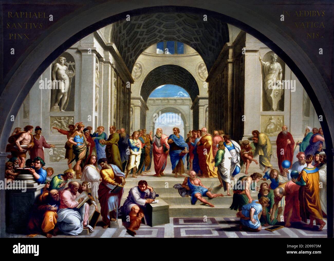 L'École d'Athènes par Alvarez Enciso Domingo 1737 - 1800) était un peintre espagnol, d'après Raphaël (d'après Raffaello Sanzio da Urbino italien) Platon à gauche et Aristote à droite (École d'Athènes, fresque (1508-11) peinte par l'artiste Raphaël, dans la strophe della Segnatura, une chambre dans les appartements privés du pape Jules II au Vatican.) Banque D'Images