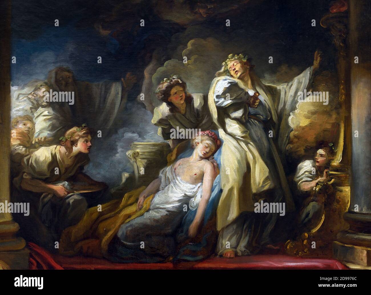Le souverain sacrificateur se sacrifie pour sauver Coresus Callirhoe 1765 Jean Honoré FRAGONARD 1732-1806 France Callirhoe est un tableau de l'artiste français Rococo Jean-Honoré Fragonard, créé en 1765. Il dépeint le souverain sacrificateur Coresus plongeant un couteau dans son corps, se sacrifiant pour sauver son amant Callirhoe, qui s'est évanoui. Banque D'Images Le souverain sacrificateur se sacrifie pour sauver Coresus Callirhoe 1765 Jean Honoré FRAGONARD 1732-1806 France Callirhoe est un tableau de l'artiste français Rococo Jean-Honoré Fragonard, créé en 1765. Il dépeint le souverain sacrificateur Coresus plongeant un couteau dans son corps, se sacrifiant pour sauver son amant Callirhoe, qui s'est évanoui. Banque D'Images