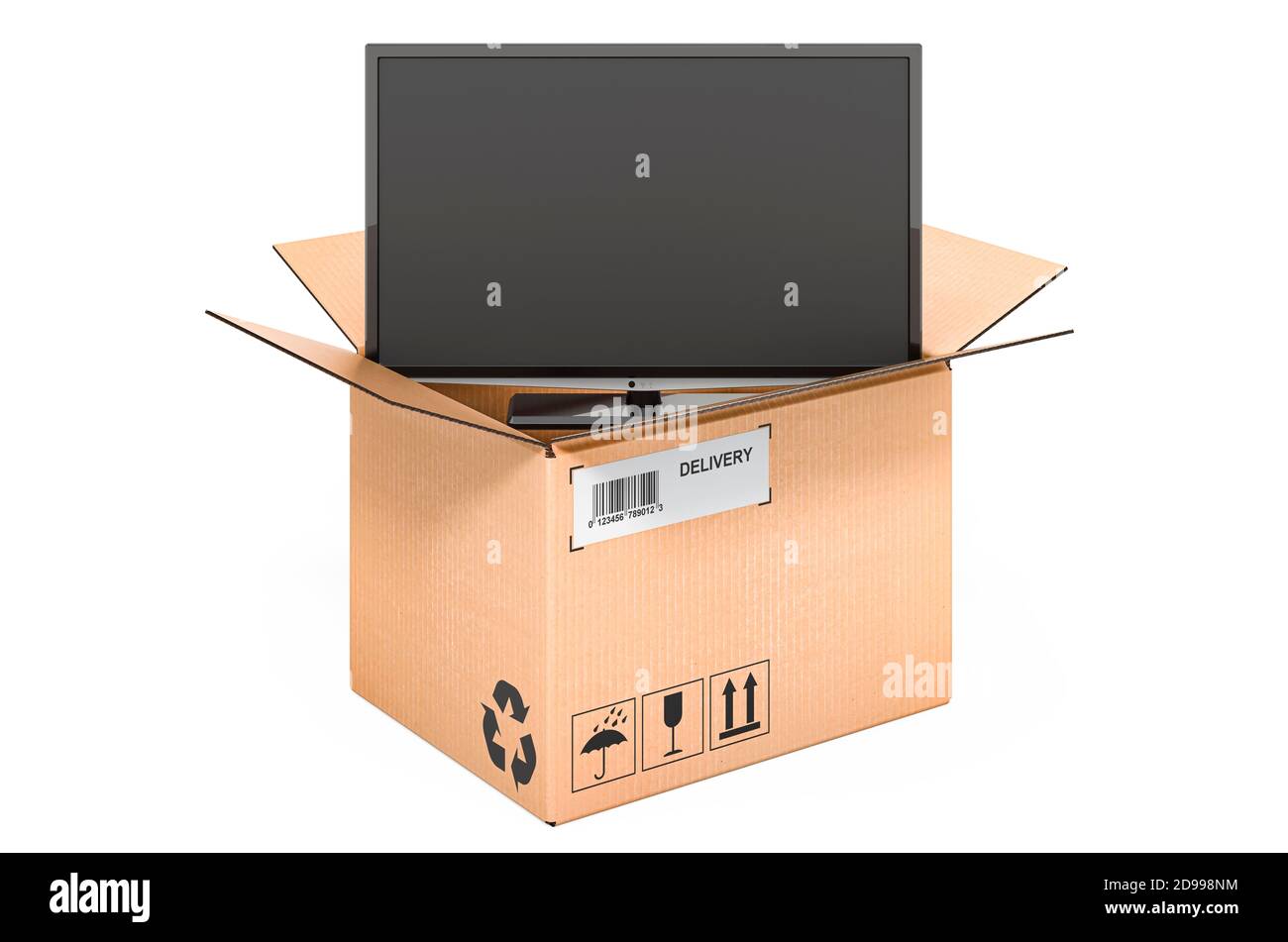 Téléviseur à l'intérieur de la boîte en carton, concept de livraison. Rendu 3D isolé sur fond blanc Banque D'Images Téléviseur à l'intérieur de la boîte en carton, concept de livraison. Rendu 3D isolé sur fond blanc Banque D'Images