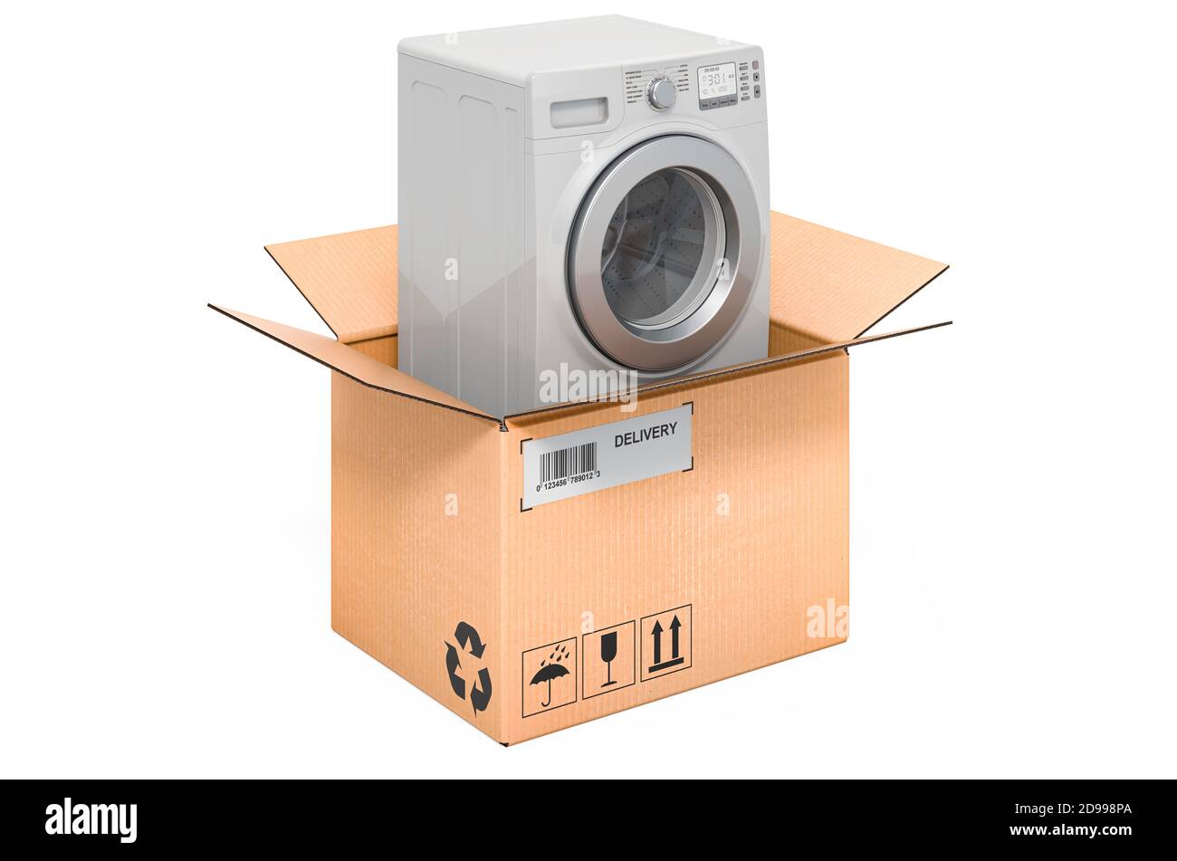 Machine à laver à l'intérieur de la boîte en carton, concept de livraison.  Rendu 3D isolé sur fond blanc Photo Stock - Alamy
