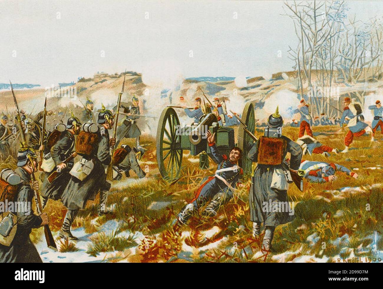 BATAILLE DE VILLIERS-SACHSEN, 30 Novenber 1870 pendant la guerre franco-prussienne. Les troupes allemandes attaquent une position française. Illustration de l'artiste allemand Richard Knötel publiée en 1905 Banque D'Images