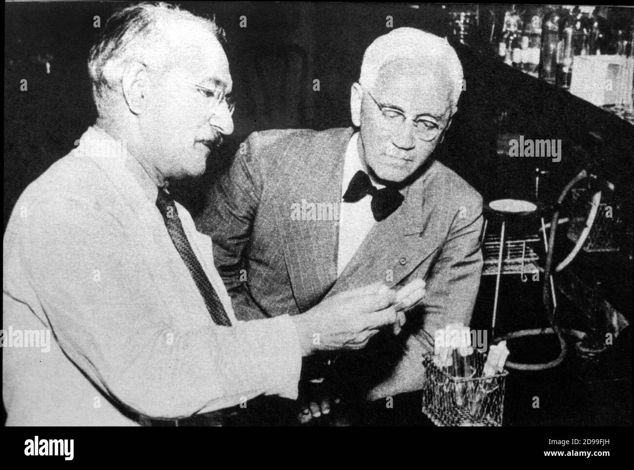 1949 , Rutgers : le docteur Selman Abraham WAKSMAN ( Priluka , Russie 1888 - Hyannis, 1973 ) , PRIX NOBEL pour la découverte de Streptomicina ( 1944 ) , la Neomicina ( 1949 ) et la Candicidina ( 1952 ) , avec Sir Alexander FLEMING ( Lochfield , Ayrshire , Angleterre 1881 - Londres 1955 ) - à droite sur la photo - couverture de Penicillina ( 1929 ) , PRIX NOBEL 1945 - GENIUS - SCIENCE - BACTÉRIE - BACTÉRIOLOGIQUE - MEDICINA - SCIENZA - SCIENZIATO - SCIENZIATI - GENIO - BATTERIO - BATTERIOLOGIA - ANTIBATTERIOLOGICO - ANTIBATTERIOLOGICA - PREMIO NOBEL - MEDICINA - MEDICAMENT ---- Archivio GBB Banque D'Images