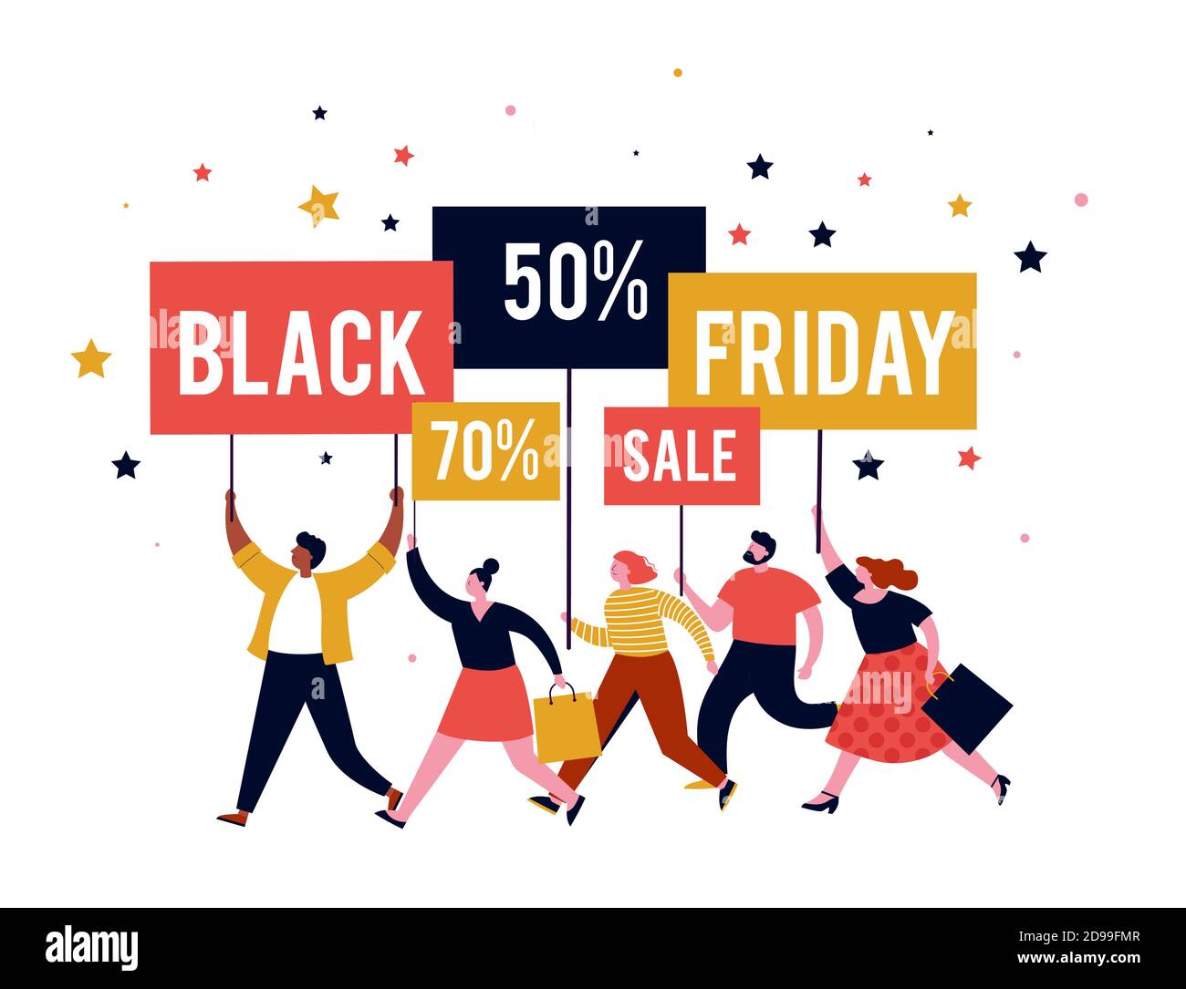 Black friday, méga bannière de vente, scène avec une foule, femmes et hommes courant avec des sacs de shopping. Concept de vente Illustration de Vecteur