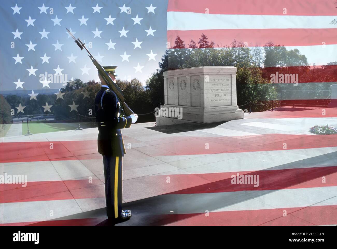 Drapeau américain mélangé à la tombe du soldat inconnu - Cimetière Arlington NAT'l Banque D'Images