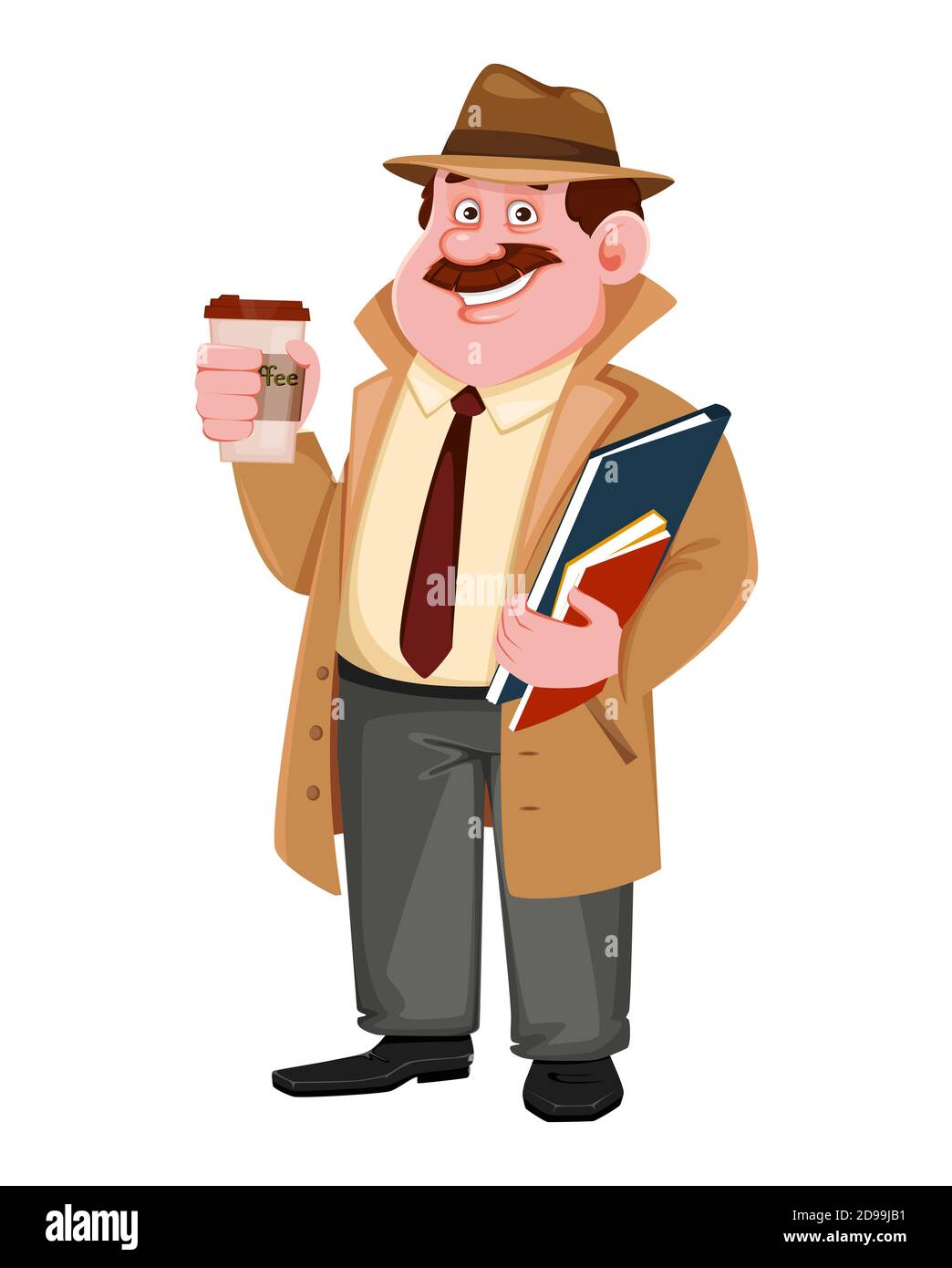 Personnage détective vecteur de stock ayant une pause café. Personnage de dessin animé Investigateur. Illustration vectorielle. Illustration de Vecteur
