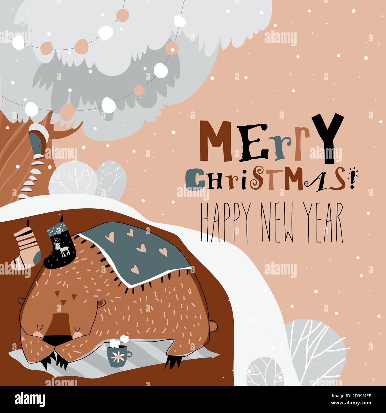 Adorable ours en dessin animé dormant dans la forêt d'hiver Illustration de Vecteur