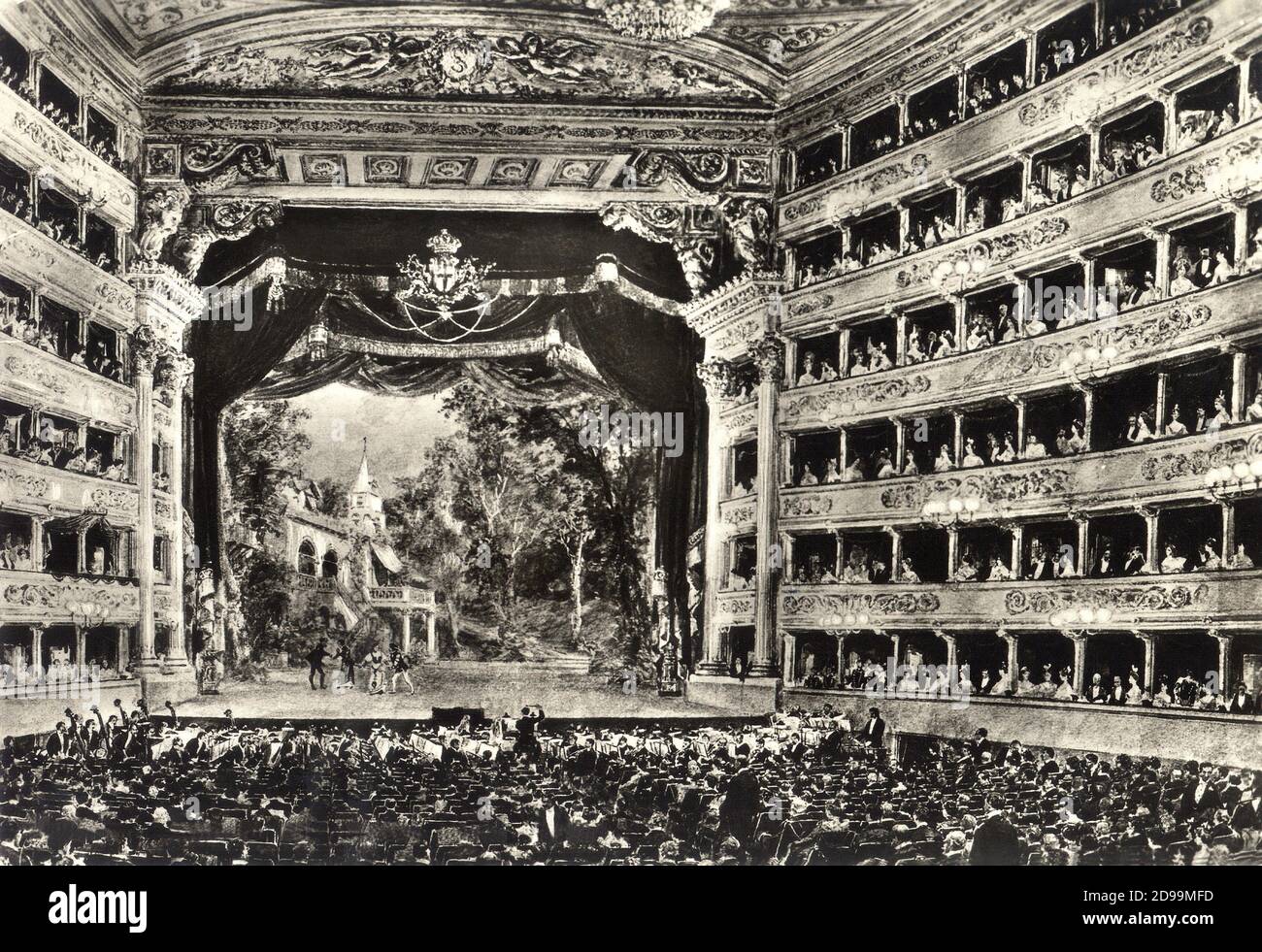 1895 c : Le plus célèbre opéra italien TEATRO ALLA SCALA de MILAN lors  d'une représentation lirique Gaetano DONIZETTI - MILAN - THÉÂTRE - OPERA  LIRICA - platea - palchi - palco -