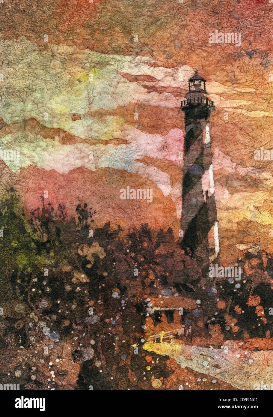 Phare de Cape Hatteras aquarelle peinture batik. Peinture d'art de plage de Lighthouse Banque D'Images