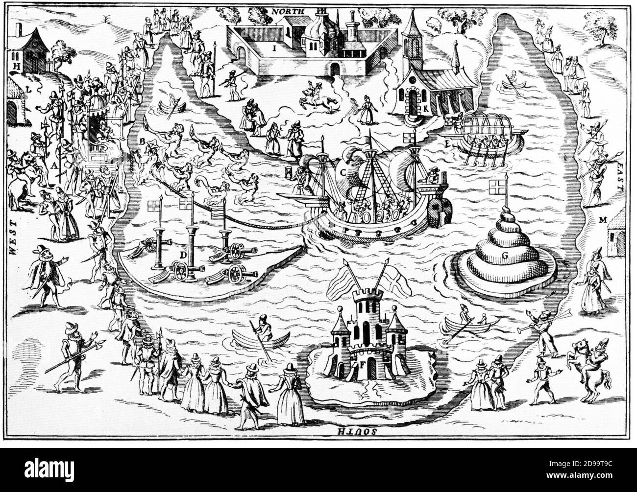 1591 , GRANDE-BRETAGNE : le divertissement d'ELIZABETH I ( 1533 - 1603 ) , reine d'Angleterre de 1558 à 1603 , fille du roi Henri VIII et d'Anne Bolena , gravure inspirée par WILLIAM SHAKESPEARE ( 1564 - 1616 ) Dans UN RÊVE DE LA NUIT D'ÉTÉ - COMMEDIOGRAFO - écrivain - poeta - poète - letteratura - littérature - TEATRO - THÉÂTRE - festa - divertissement - jouer - recita - rappresentazione teatrale - regina ELISABETTA - battaglia navale - bataille navale - reali - royalties --- Archivio GBB Banque D'Images