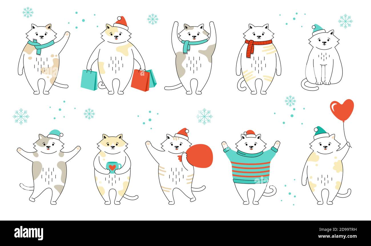 Ensemble Chat De Noel Collection Chaton Cadeau Achat Pulls Chats Du Nouvel An En Chapeaux De Pere Noel Dessin A La Main Drole Gribouillages Personnage De Dessin Anime Bonne Annee Joyeux Noel