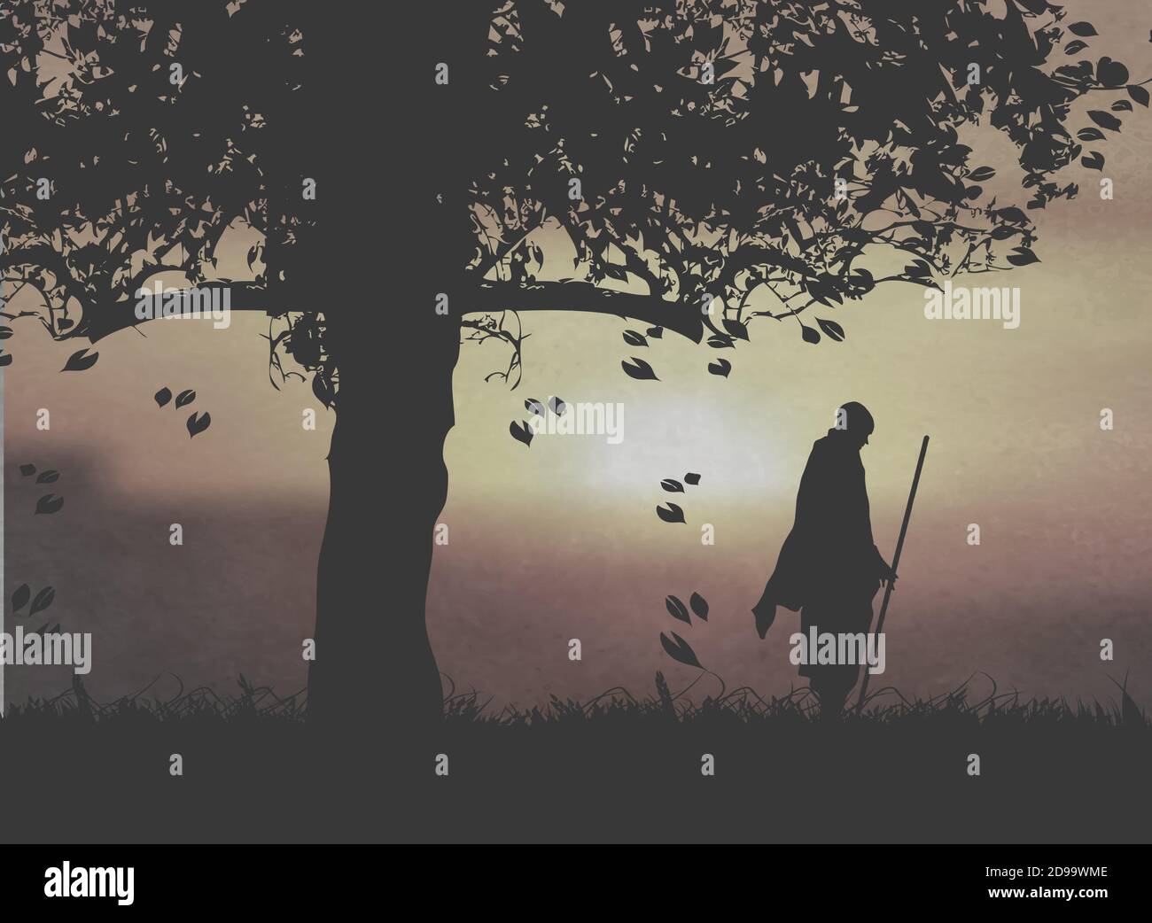 Un moine asiatique tenant le Club sous le coucher du soleil Illustration de Vecteur