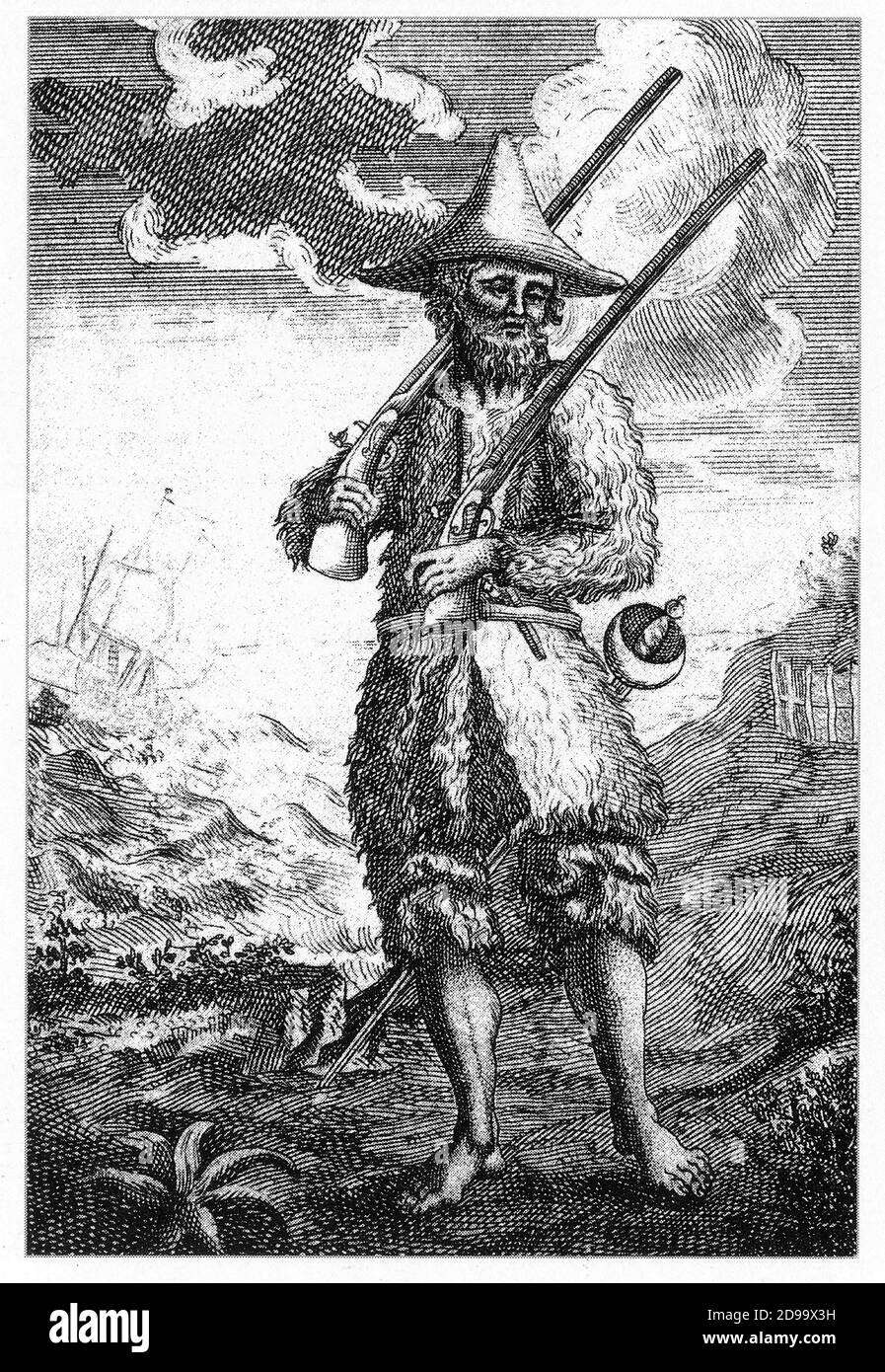 1719 , GRANDE-BRETAGNE : gravure originale de la frontespice de la première édition de ' ROBINSON CRUSOE ' par DANIEL DE FOE ( 1660 c. - 1731 ) - scrittore - écrivain - incisione - prima edizione - bibliofilia - bibliofilo - bibliophile - bibliophile - libo - libri - naufrago - naufragé - naufragio - épave - barba - barbe - buon selvaggio - sauvage - sopvissuto - survivant - DEFOE --- Archivio GBB Banque D'Images